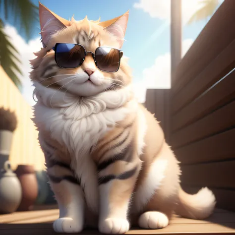 super cute fluffycolored cat wearing sun glasses , photorealistic, 4K, ultra detailed, vray rendering, unreal engine, midjourneyart style