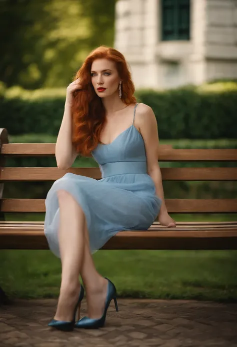 femme rousse aux cheveux long , assise lassivement sur un banc dans un jardin, porte une mini robe bleu sexy, des chaussures a talons tres haut, enorme implant mammaire