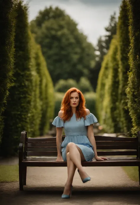 femme rousse aux cheveux long , assise lassivement sur un banc dans un jardin, porte une mini robe bleu sexy, des chaussures a talons tres haut, enorme implant mammaire