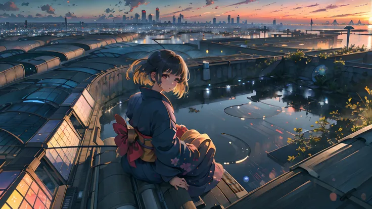 best quality, masterpiece, extremely detailed, detailed background, anime, 1girl, young girl, short girl, kimono, retro, city lansdscape, outdoors, sunset, beautiful sky, greenhouse, megastructure, bio-dome, landscape, scenery, horizon, rooftop, sitting on...