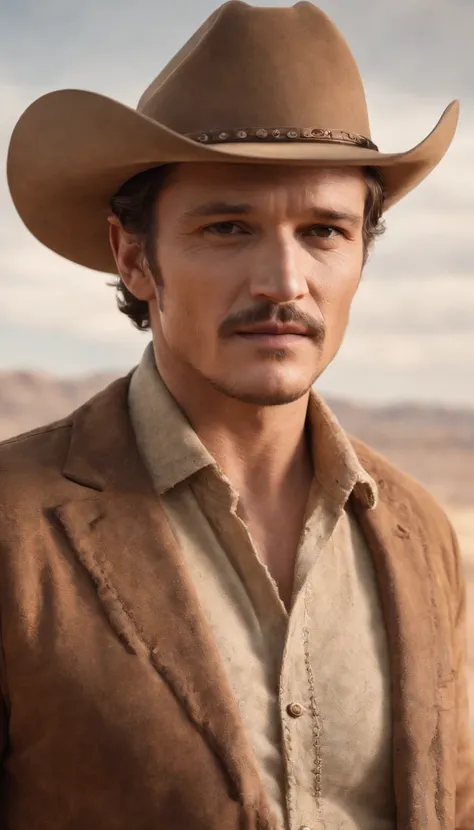 Make a photorealistic portrait of Pedro        pascal wearing a western style cowboy interior , white background, medium close up shot, style of ultrafine detail, high quality photo, 105 mm f/1.2, 24mm,4k textures, soft cinematic light, highly detailed, sh...