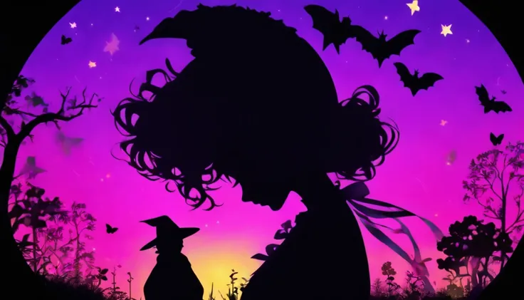 (Silhouette Art,cutouts:1.6)
(((Paper cutting art,A world where only black exists:1.3)

(Cowboy Shot),1 girl,Solo,
(Girl in a witchs hat,profile:1.2),white, Clear and beautiful face,The Moon Behind

break
(Purple Moon、Yellow pumpkin)
Textured glass backgro...