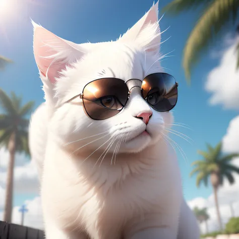 super cute fluffy white cat wearing sun glasses rayban , photorealistic, 4K, ultra detailed, vray rendering, unreal engine, midjourneyart style