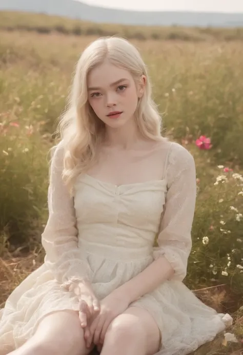 Cosmos Field、(((Cosmos blooms profusely)))、(((cosmos)))、Autumn sunshine pouring down from behind、The atmosphere of Elle Fanning、cotton dress、(((thighs thighs thighs thighs)))、bare-legged、white  hair、Curly、angry looking face、13-year-old girl、short-haired、so...