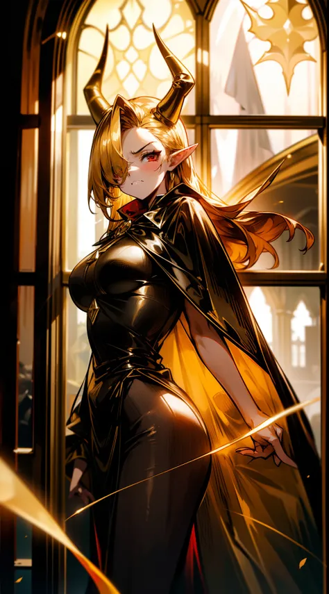 1woman,40s,solo,angry face,golden and black short dress,medium tits,golden hair,long hair,red eyes,elves ears,golden horns,((cape)),hair over one eye,(((standing in front of a window inside a castle))),(((portrait)))