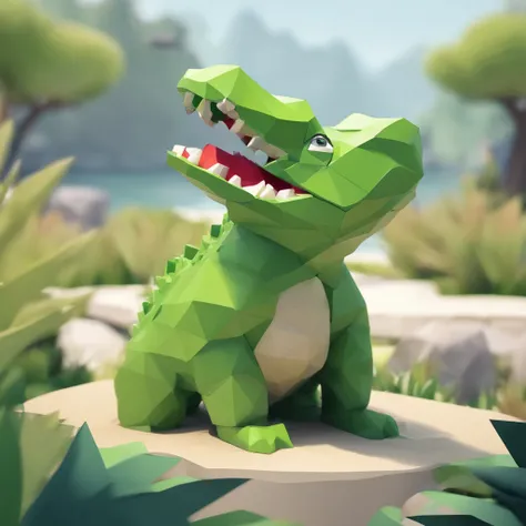 Perfect alignment, Cute little crocodile gun，in style of hayao miyazaki，Stand in a curved position, toy model, Sideways composition，Displays the center of the landscape composition,3 d model，Clay material，pure green，nearing perfection, Dynamic, Highly deta...