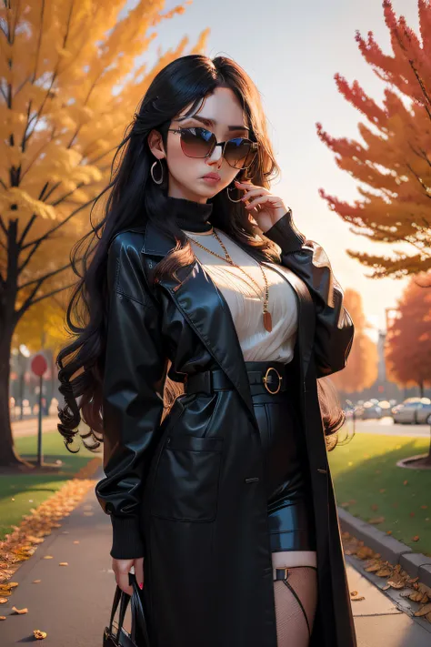 sexy caucassian girl, sunset, park trees background, long black curly hair, sunglasses, autumn