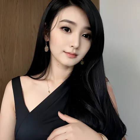 a close up of a woman in a black dress posing for a picture, 2 8 years old, 2 7 years old, 2 9 years old, beautiful asian girl, an asian woman, a young asian woman, asian girl with long hair, asian girl, beautiful south korean woman, 38 years old, gorgeous...