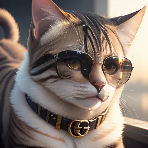 cat wearing sun glasses gucci , photorealistic, 4K, ultra detailed, vray rendering, unreal engine, midjourneyart style