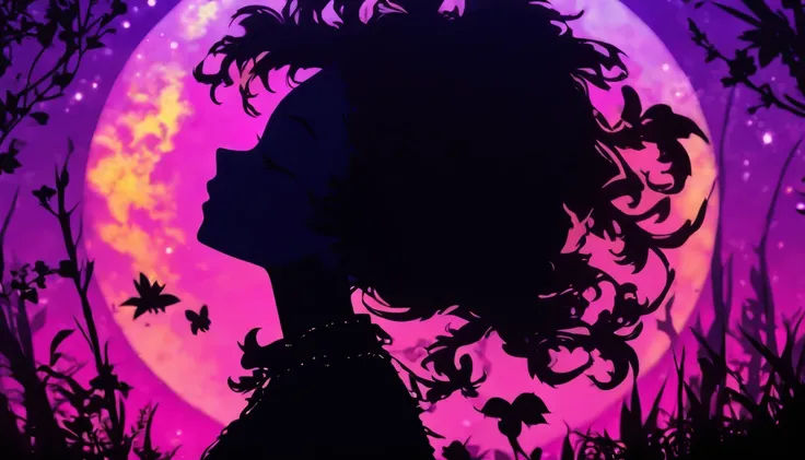 (Silhouette Art,cutouts:1.6)
(((Paper cutting art,A world where only black exists:1.3)

(Cowboy Shot),1 girl,Solo,
(Girl in a witchs hat,profile:1.2),white, Clear and beautiful face,The Moon Behind

break
(Purple Moon、Yellow Jack O Lantern)
Textured glass ...