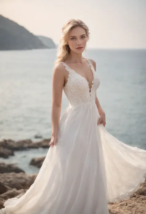 1 beautiful girl, (Realistic:1.3) full body, standing photo, stand in front blue sea, white wedding dress, soft dress, blond hair, blue eyes, wavy hair, masterpiece, diffuse soft lighting, portrait, best quality (perfect face:1.4), ultra-realistic highly d...