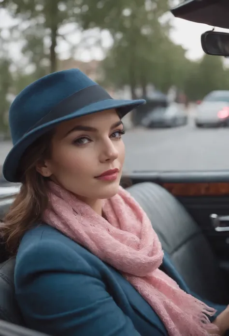 35mm portrait A beautiful woman with a hat on her head and a scarf around her neck driving a blue Beetle convertible, convertible car, Movie city and some trees with pink leaves, lighting dramatic, Ultra resolution, reflections on the ground and overcast s...