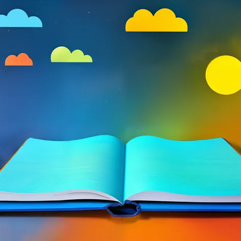 a book, colorful book, open book, vibrant colors, simple hand-drawn logo , blue-night background, centered, eye-catching book