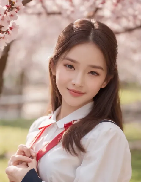 (teenage allure, 4K, high resolution, photo-realistic:1.3), a captivating portrayal of an attractive lady wearing a Japanese school uniform, (neatly tied hair with a delicate ribbon:1.2), (bright eyes that exude youth and charm:1.2), standing in a schoolya...