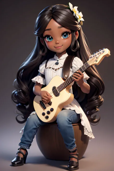 chibi 1 African children dark brown skin:5, cute smile, sitting ((full body))) "singing with a guitar" realistic shadows, sparkling eyes, detailed skin, slightly shiny greenish brown eyes, pose for photo, long black hair and curly, flowers in hair, rapunze...