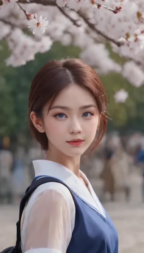 (Masterpiece, photo-realistic:1.4), (Close-up shot:1.3), (Japanese high school student:1.3), (Go home at sunset:1.3), (Blue and white school uniform:1.4), (undercut hairstyle:1.3), (Bright two-color eyes:1.4), (Backpack on the shoulder:1.2), (Walk through ...