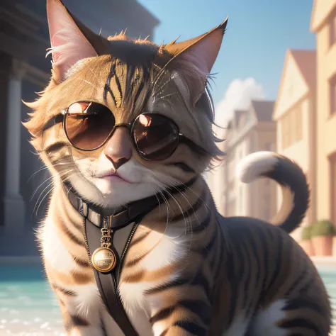 beauty cat wearing sun glasses , photorealistic, 4K, ultra detailed, vray rendering, unreal engine, midjourneyart style