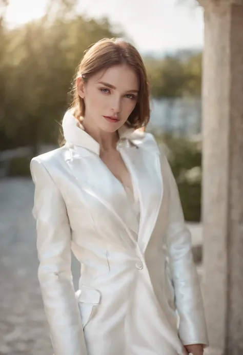 White silk girl high quality white leather coat，The light and shadow effects are intense，tightsuit，Cool mask，Sunlight High resolution Golden ratio