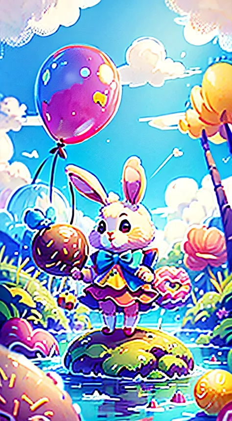 A rabbit holds a balloon in front of Candy Land ，Milk River，Big ice cream，donut，There are a lot of lollipops standing on the shore，Colorful sky,Lots of clouds