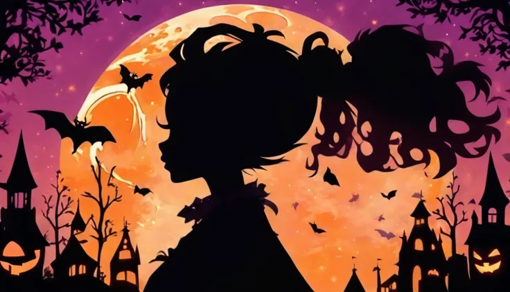 (Silhouette Art,cutouts:1.6)
(((Paper cutting art,A world where only black exists:1.3)

(Cowboy Shot),1 girl,Solo,
(Girl in a witchs hat,profile:1.2),white, Clear and beautiful face,The Moon Behind、Jack-o-lantern、Bats

break
(Purple Moon)
Textured glass ba...