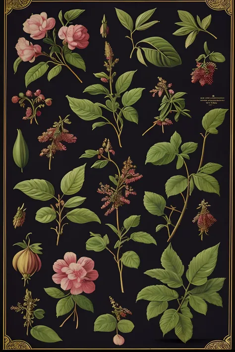 Vintage Victorian style　Precise botanical encyclopedia (best quality:1.2), (detailed:1.2), (masterpiece:1.2), vintage botanical illustrations of berries and flowers, ((black background))