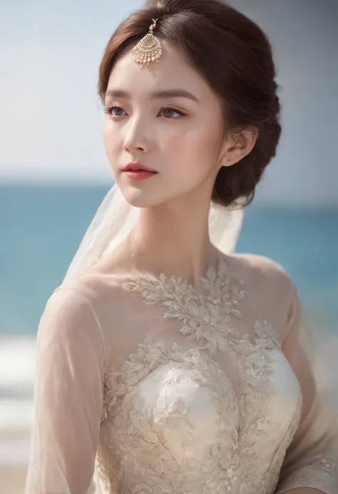 1 beautiful oriental girl, (Realistic:1.3) full bodyesbian, standing photo, Stand in front of the blue sea, Chinese Wedding Dress, Soft dress, brunette color hair, Brown eyes, Wavy hair, Masterpiece, diffused soft lighting, Portrait, Best quality (Perfect ...