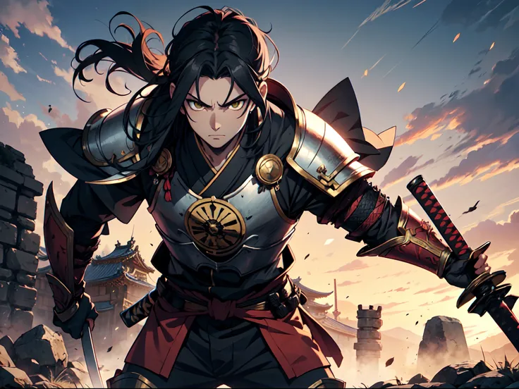 1 boy, Xin from Kingdom anime, armored with Samurai armor, holding katana, ultra high definition, 8k, handsome,black and yellow pupil eyes, long black hair, ancient kingdom background