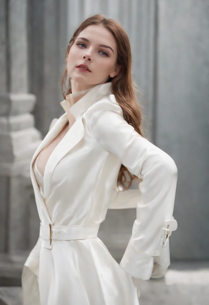 White silk girl high quality white leather coat，The light and shadow effects are intense，tightsuit，Cool mask，Sunlight High resolution Golden ratio，upper body