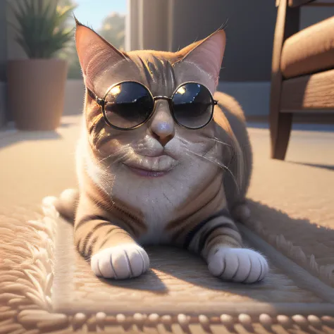 cat wearing sun glasses on carpet , photorealistic, 4K, ultra detailed, vray rendering, unreal engine, midjourneyart style