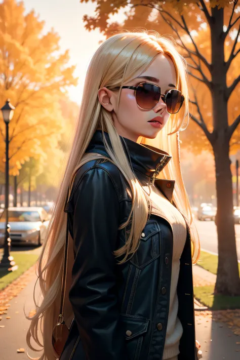 american girl, sunset, park trees background, long blonde hair, sunglasses, autumn