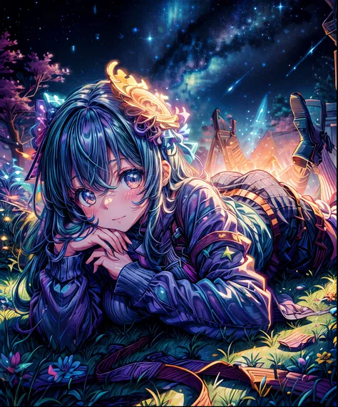 Describe a scene where a cute girl character is lying on a grassy hill, Looking up at the starry sky. Surround her with colorful nebulae and her favorite constellations.