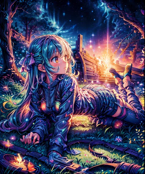 Describe a scene where a cute girl character is lying on a grassy hill, Looking up at the starry sky. Surround her with colorful nebulae and her favorite constellations.