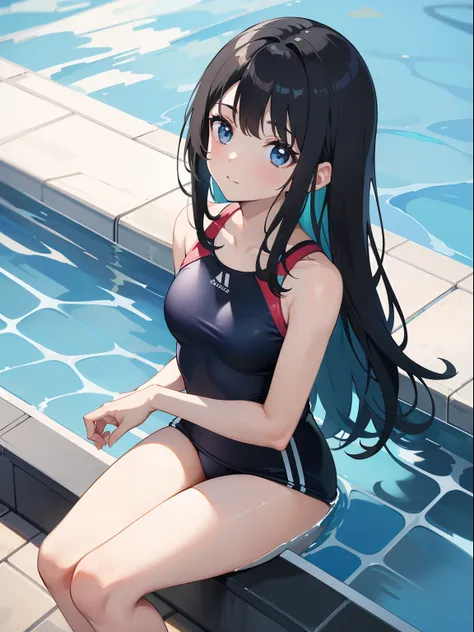 1girl, swimming suit, sit at swimming pool, long black hair, look up view, look at viewer