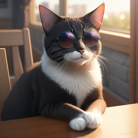 blqck cat wearing sun glasses on table, photorealistic, 4K, ultra detailed, vray rendering, unreal engine, midjourneyart style