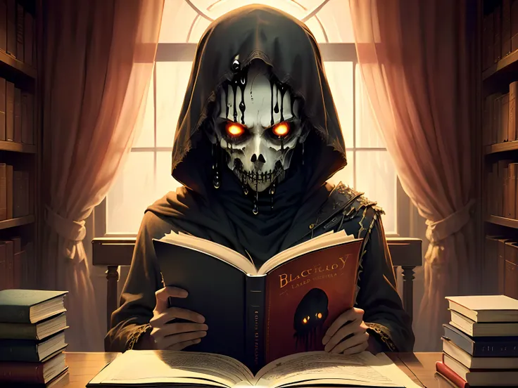 Create a scared character by reading a book in a creepy library with low lighting focusing on the black-cover book with dripping blood