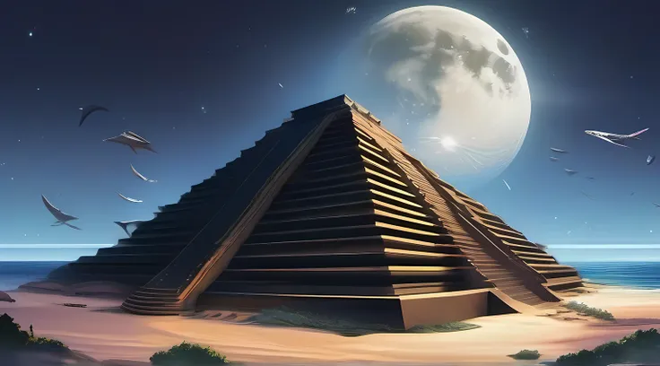 uninhabited island、Pyramid-shaped uninhabited island、sand beach、Mare、the ocean at night、moonlights、Moonlight illuminates the top of the pyramid、fullmoon、starrysky、stele、shooting stars、Meteor swarm、