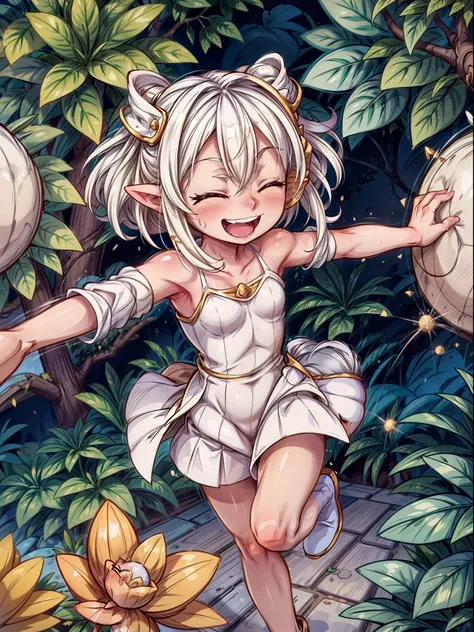 1girl,10 years,solo,happy,smile,white dress,small tits,white hair,short hair,closed eyes,elves ears,,golde tiara,Detailed ,(((running on the garden)))