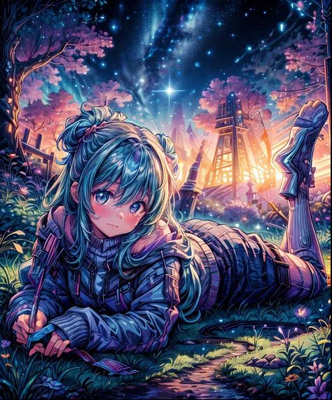 Describe a scene where a cute girl character is lying on a grassy hill, Looking up at the starry sky. Surround her with colorful nebulae and her favorite constellations.