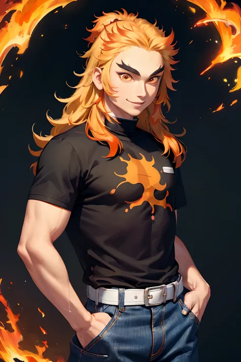 (masterpiece, best quality:1.2), orange theme, cowboy shot, solo, male focus, 1boy, rengoku kyojuro, smile, looking at viewer, long hair, forked eyebrows, black T-shirt, jeans, short sleeves, black pants, white belt, hands in pocket, fire