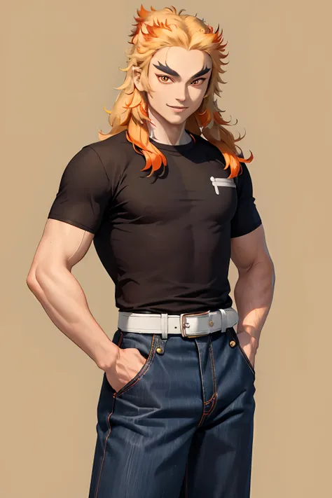 (masterpiece, best quality:1.2), orange theme, cowboy shot, solo, male focus, 1boy, rengoku kyojuro, smile, looking at viewer, long hair, forked eyebrows, black T-shirt, jeans, short sleeves, black pants, white belt, hands in pocket, fire