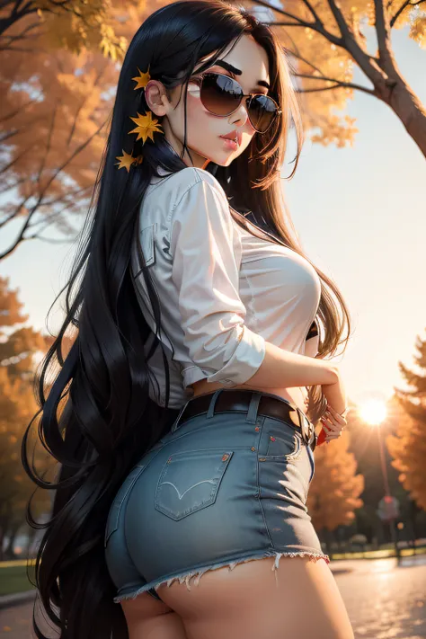 american sexy girl, sunset, park trees background, long black hair, sunglasses, autumn