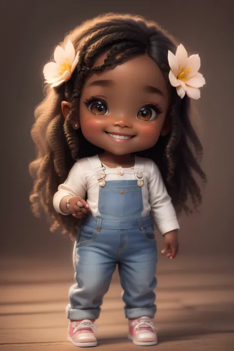 chibi 1 African children dark brown skin:5, cute smile, sitting ((full body))) "singing with a microphone" realistic shadows, sparkling eyes, detailed skin, slightly sparkling light brown eyes, pose for photo, long black hair and curly, flowers in hair, ra...