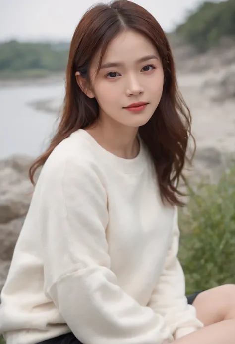 ((of the highest quality, 8K,Raw photo)), (Realistic, Photorealistic: 1.37), (Face Focus: 1.1), A smile、Small breasts, flat chest, Longhaire, A Japanese Lady、20yr old、Japan idol system、(white sweatshirt: 1.1)、Skirt, Sitting,