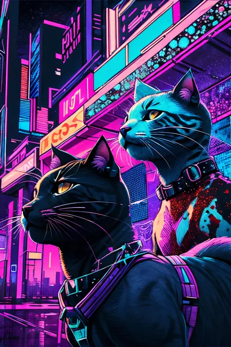 (masutepiece), best quality, three cats、(gritty:0.9),(80's aesthetic:1.1),(neons:0.8),(retro:0.9),(analogue:1.1),(grim reaper:0....