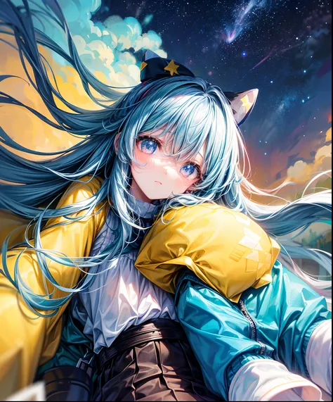 Describe a scene where a cute girl character is lying on a grassy hill, Looking up at the starry sky. Surround her with colorful nebulae and her favorite constellations.