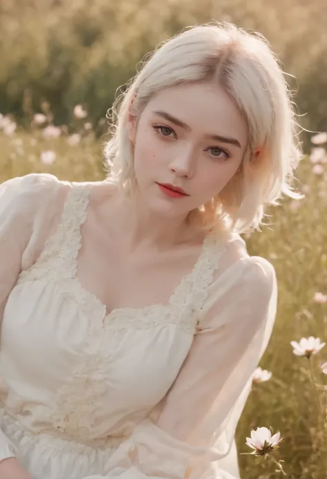 Very short hairstyle、Little fat girl、Cosmos Field、(((Cosmos blooms profusely)))、(((cosmos)))、Autumn sunshine pouring down from behind、The atmosphere of Elle Fanning、tiarra、cotton dress、(((thighs thighs thighs thighs)))、bare-legged、white  hair、Curly、angry l...