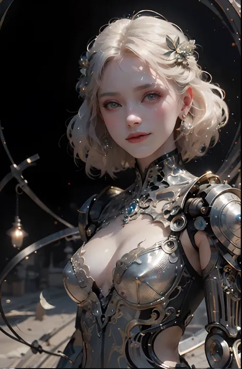 photore,sportrait,Complex 3D rendering of beautiful and charming biomechanical female robot,Has a porcelain finish、simulating、Beautiful natural light、rim-light、1 5 0 mm lens、an aztec warrior、feater、nipple piercing、Aztec tattoo、flor branca、Vanilla leaves an...