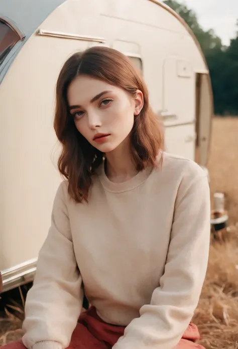 analog photography, grain film, vintage photo, portra 400, flash, in the style of lo-fi aesthetics:: a girl sitting near a camping trailer, light beige and red