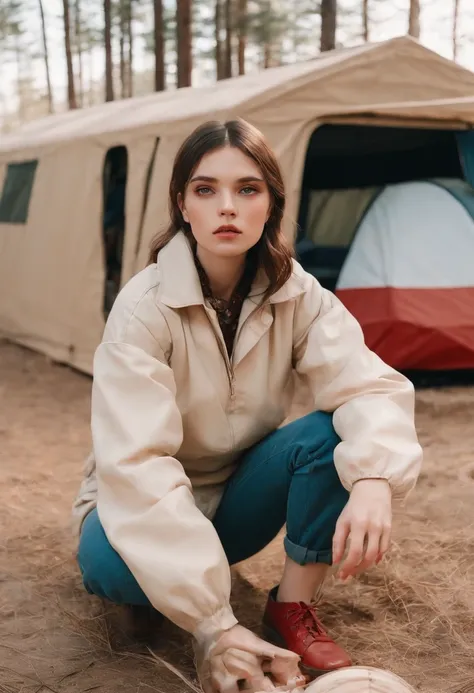 analog photography, grain film, vintage photo, portra 400, flash, in the style of lo-fi aesthetics:: a girl sitting near a camping trailer, light beige and red