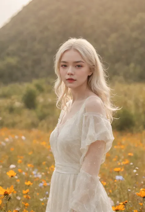 Very short hairstyle、tiarra、Little fat girl、Cosmos Field、(((Cosmos blooms profusely)))、(((cosmos)))、Autumn sunshine pouring down from behind、The atmosphere of Elle Fanning、cotton dress、(((thighs thighs thighs thighs)))、bare-legged、white  hair、Curly、angry l...